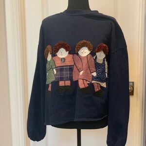 Primitive style sweatshirt, size xl. Cute dolls with yarn hair.